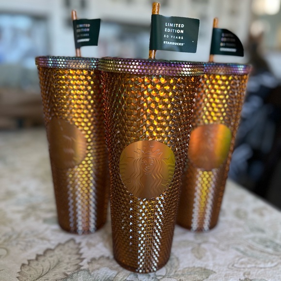 (4) Starbucks 50th Anniversary studded gold tumbler NWT - Picture 2 of 2